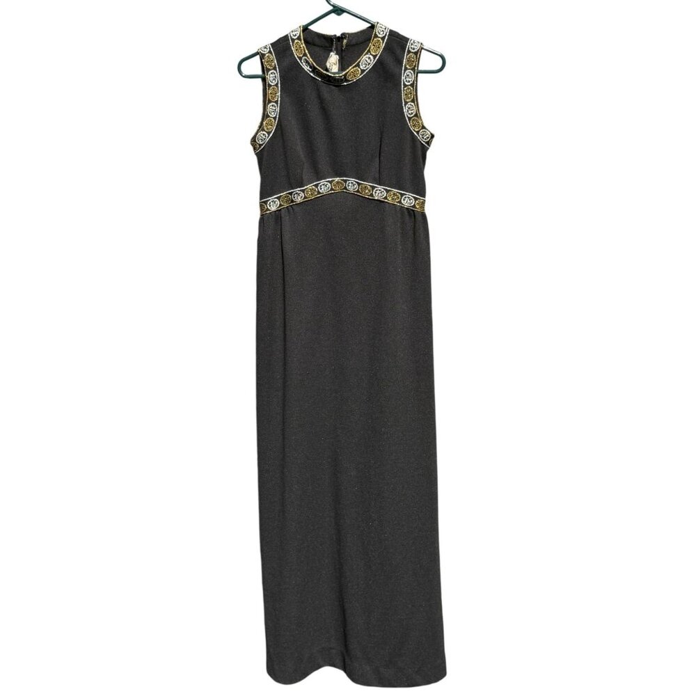 Vintage Forever Young Black Sleeveless Maxi Dress With Embroidered Trim